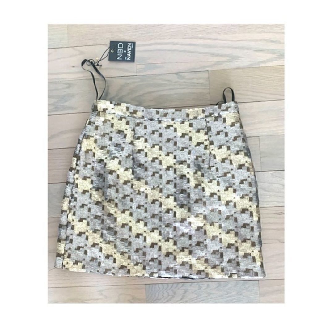 NBD, REVOLVE.com sequin mini skirt, Gold Silver Glitter